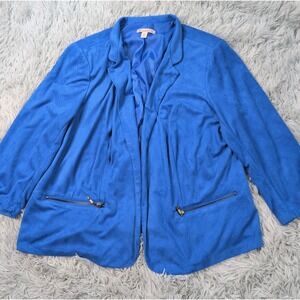 CB Jacket Womens 1X Blue Blazer Open Front Faux Suede Faux Pockets Soft Comfy
